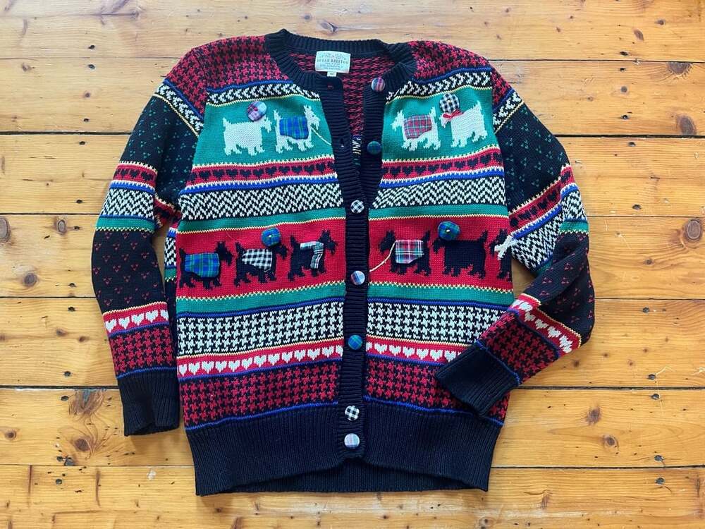 Susan Bristol Vtg 1992 Cardigan Sweater Size M Scottie Dog Christmas